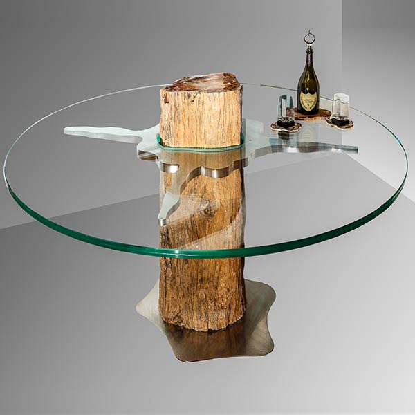 Tavolino vetro cristalo rotondo tronco pietrificato