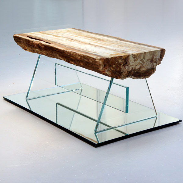 Fossil wood table with glass base